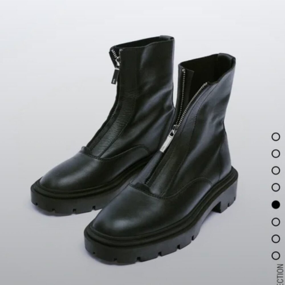Zara Black Leather Front-Zip Ankle Boots